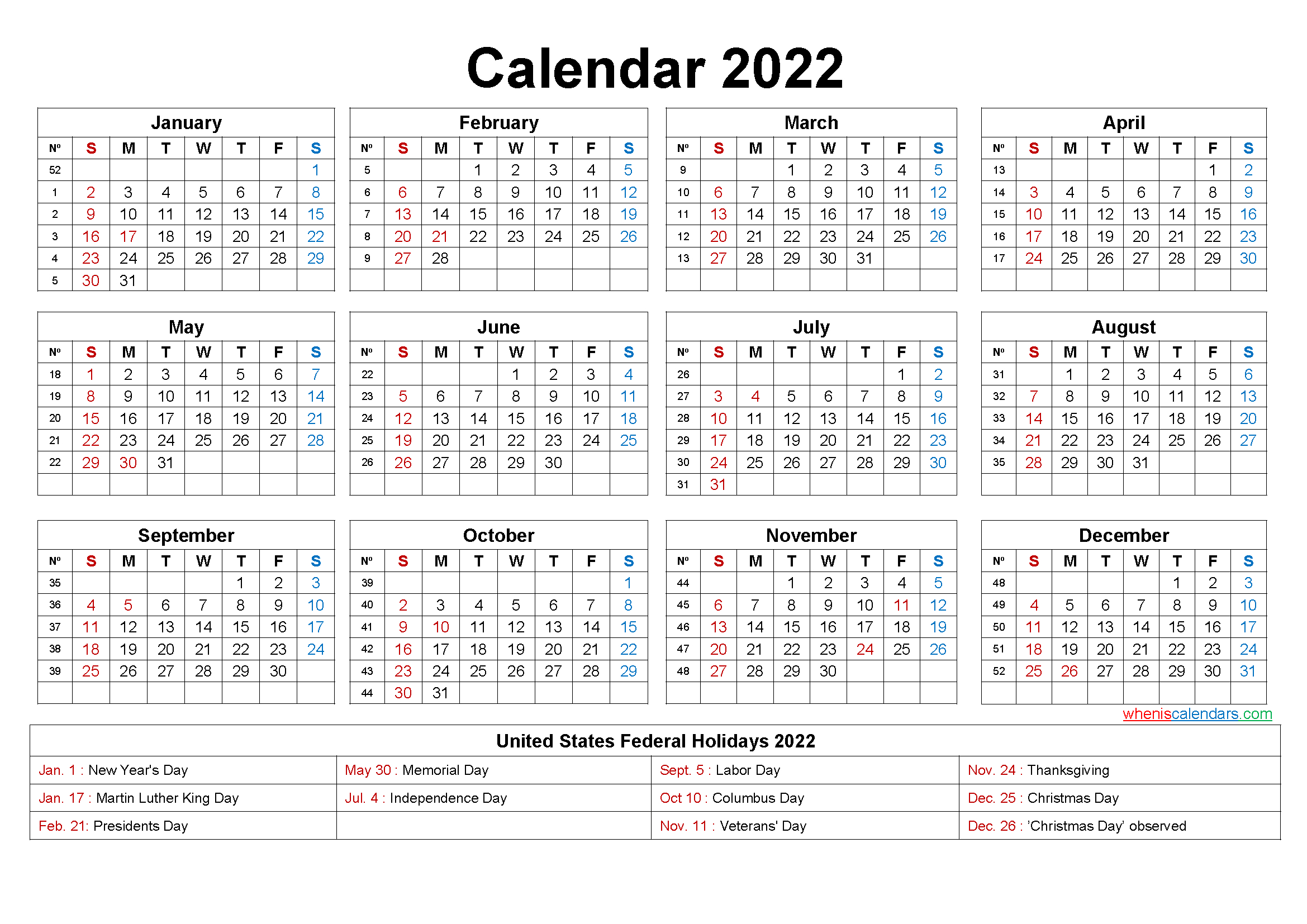 Free Yearly 2022 Calendar With Holidays Word, Pdf