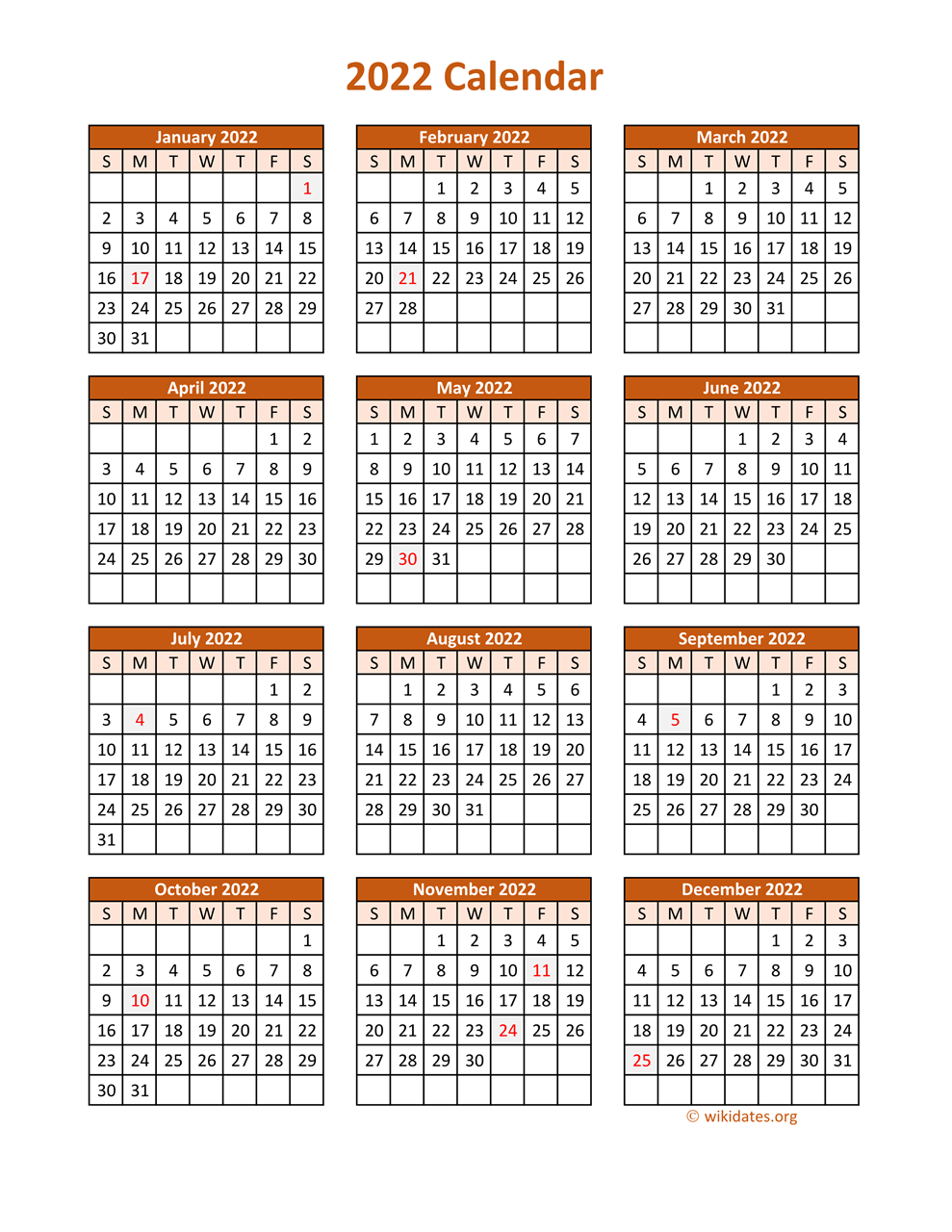 Full Year 2022 Calendar On One Page | Wikidates
