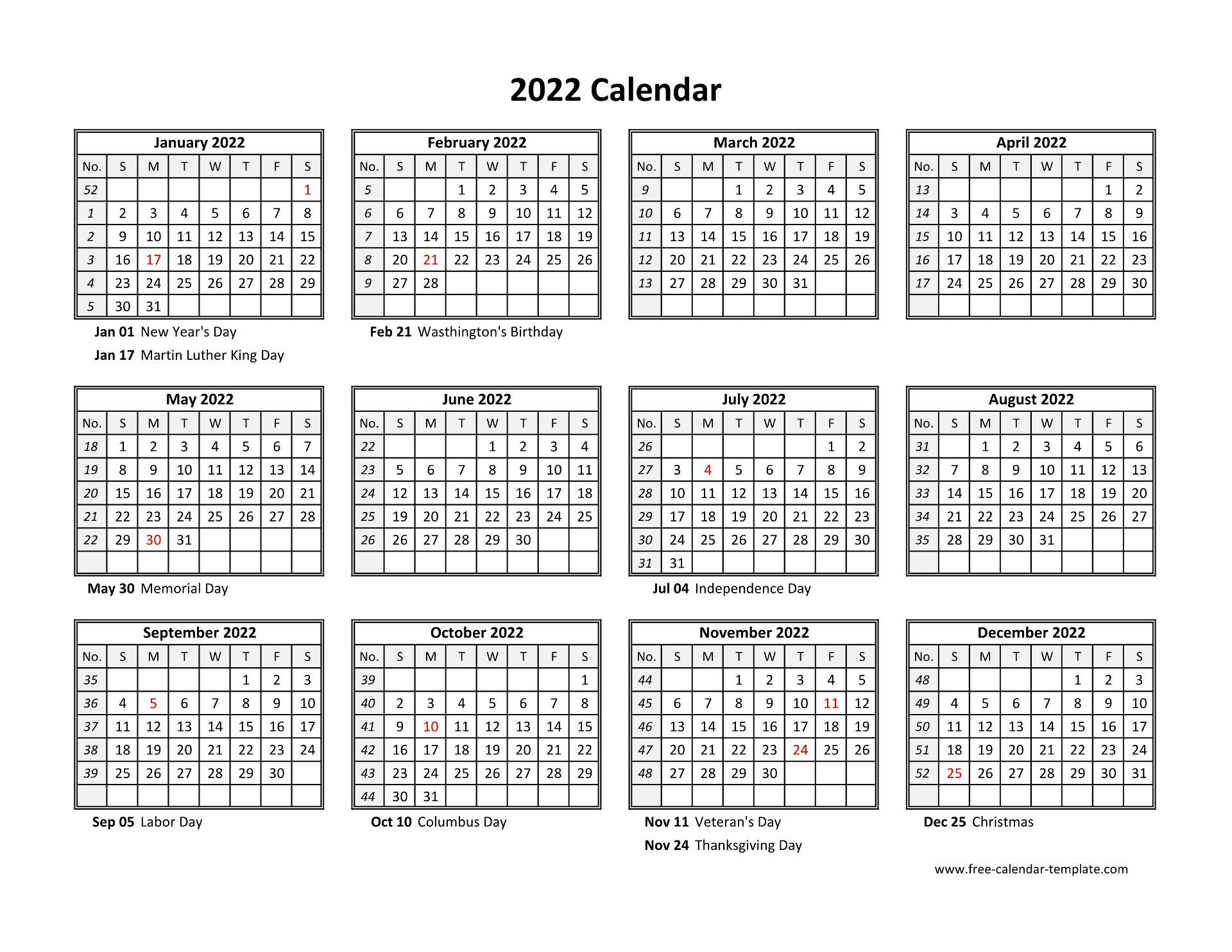 Full Year Calendar 2022