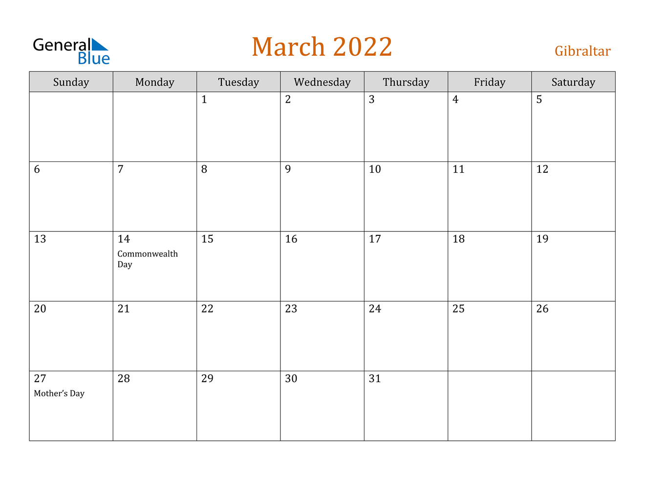Gibraltar March 2022 Calendar With Holidays