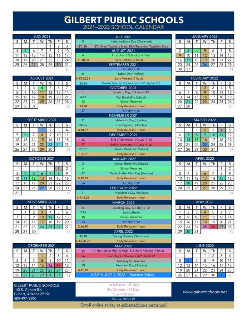 Gilbert Public School Calendar 2021-2022