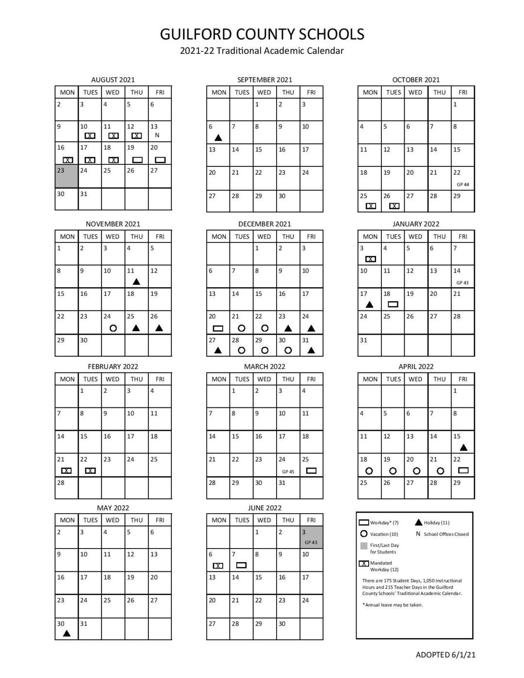 Guilford County School Calendar 2021-2022 In Pdf