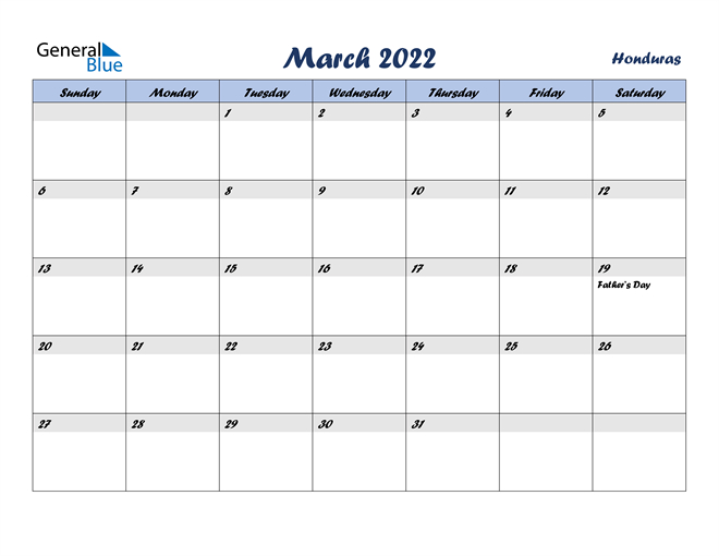Honduras March 2022 Calendar With Holidays