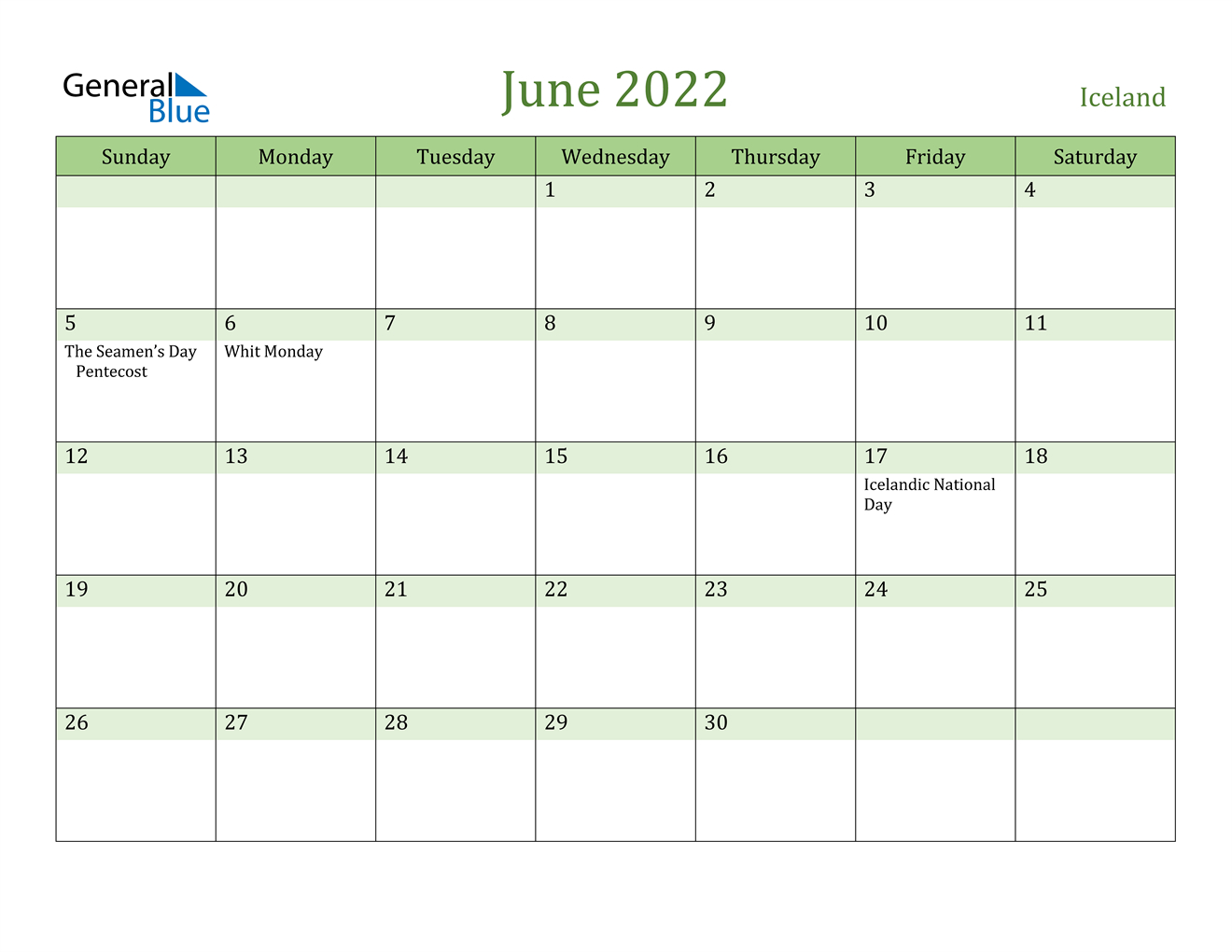 Iceland Calendar June 2022 - October Calendar 2022