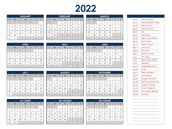 India Holiday Calendar 2022 | Printable Calendars 2021