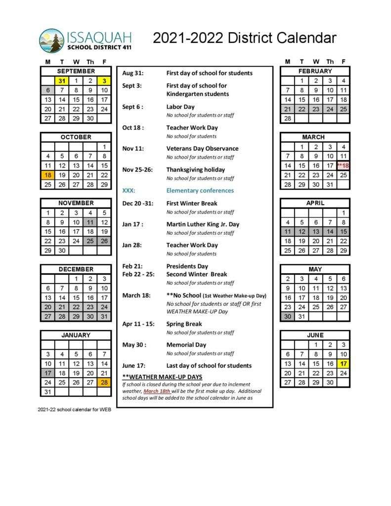 Issaquah School District Calendar 2021-2022 - Download Now