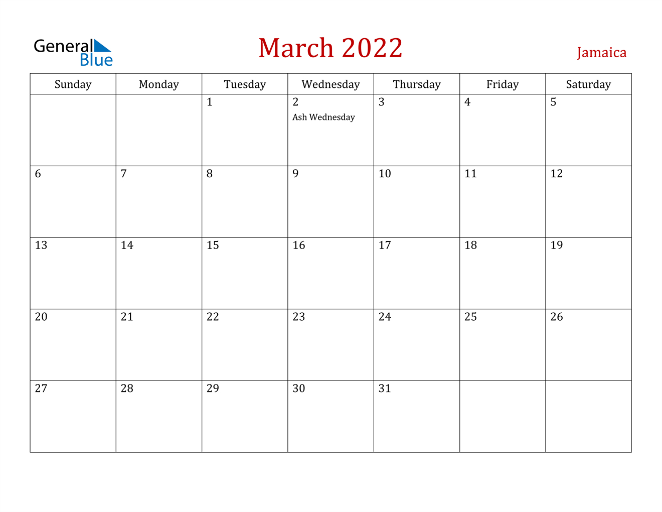 Jamaica March 2022 Calendar With Holidays