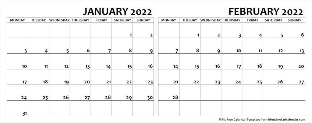Jan Feb 2022 Calendar Monday Start | Editable Two Months