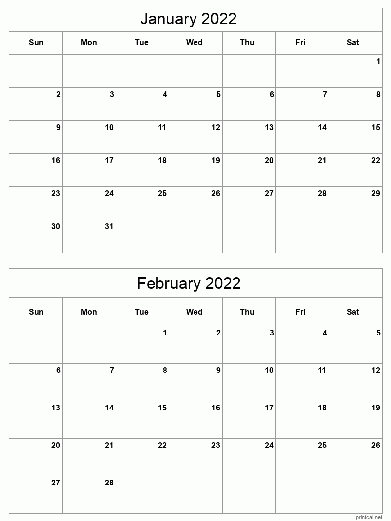 Jan-Feb 2022 Printable Calendar | Two Months Per Page