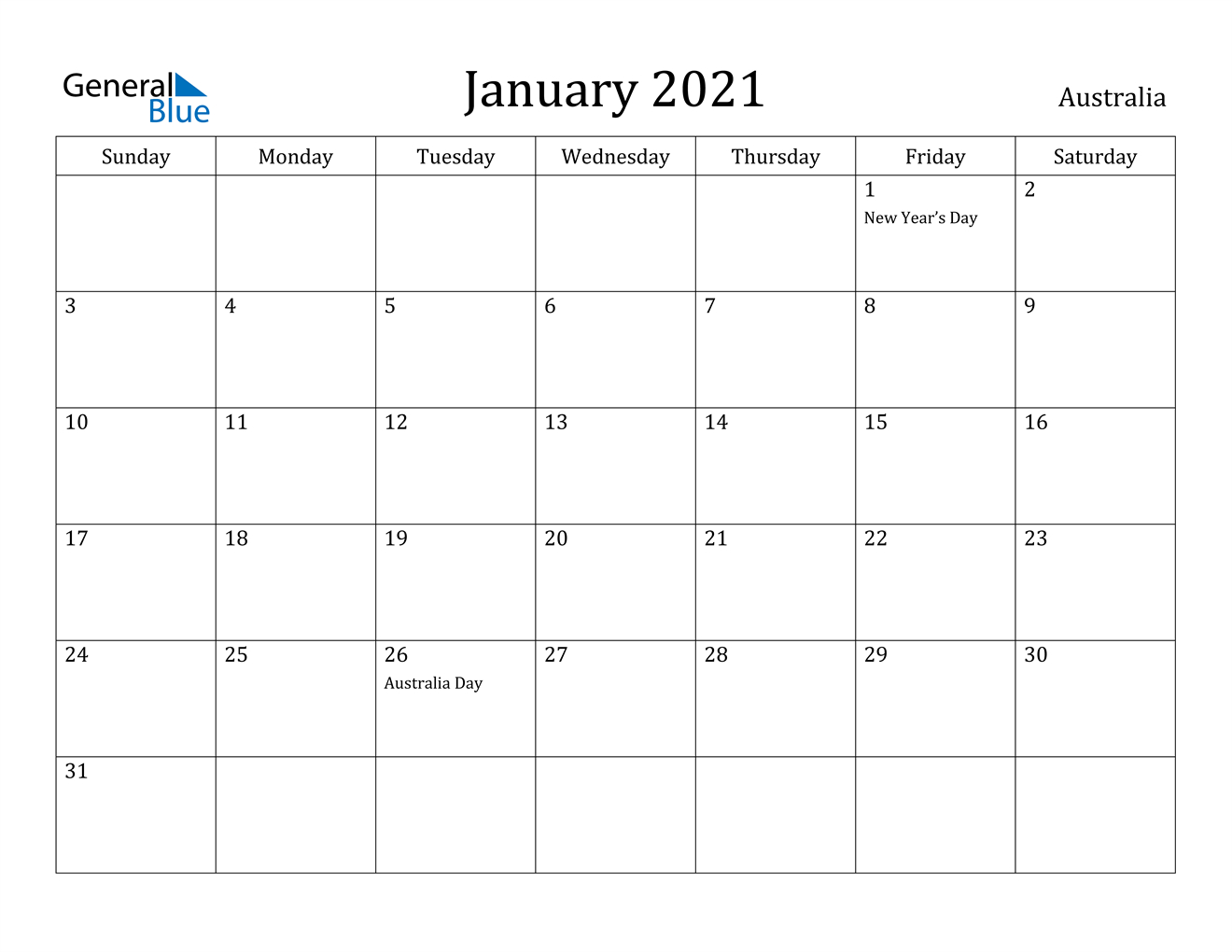 January 2021 Calendar - Australia