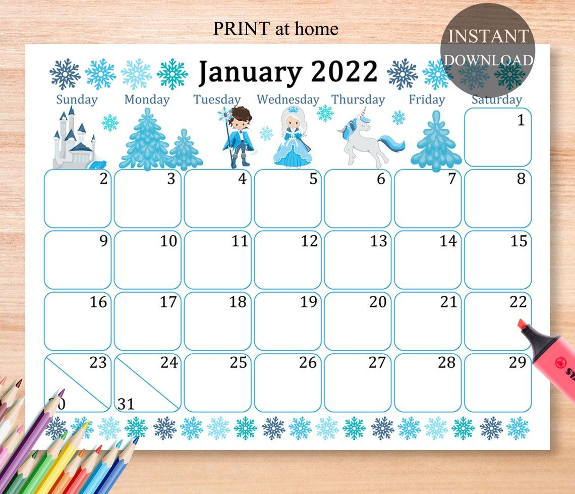 January 2022 Calendar Digital Download Monthly Calendar