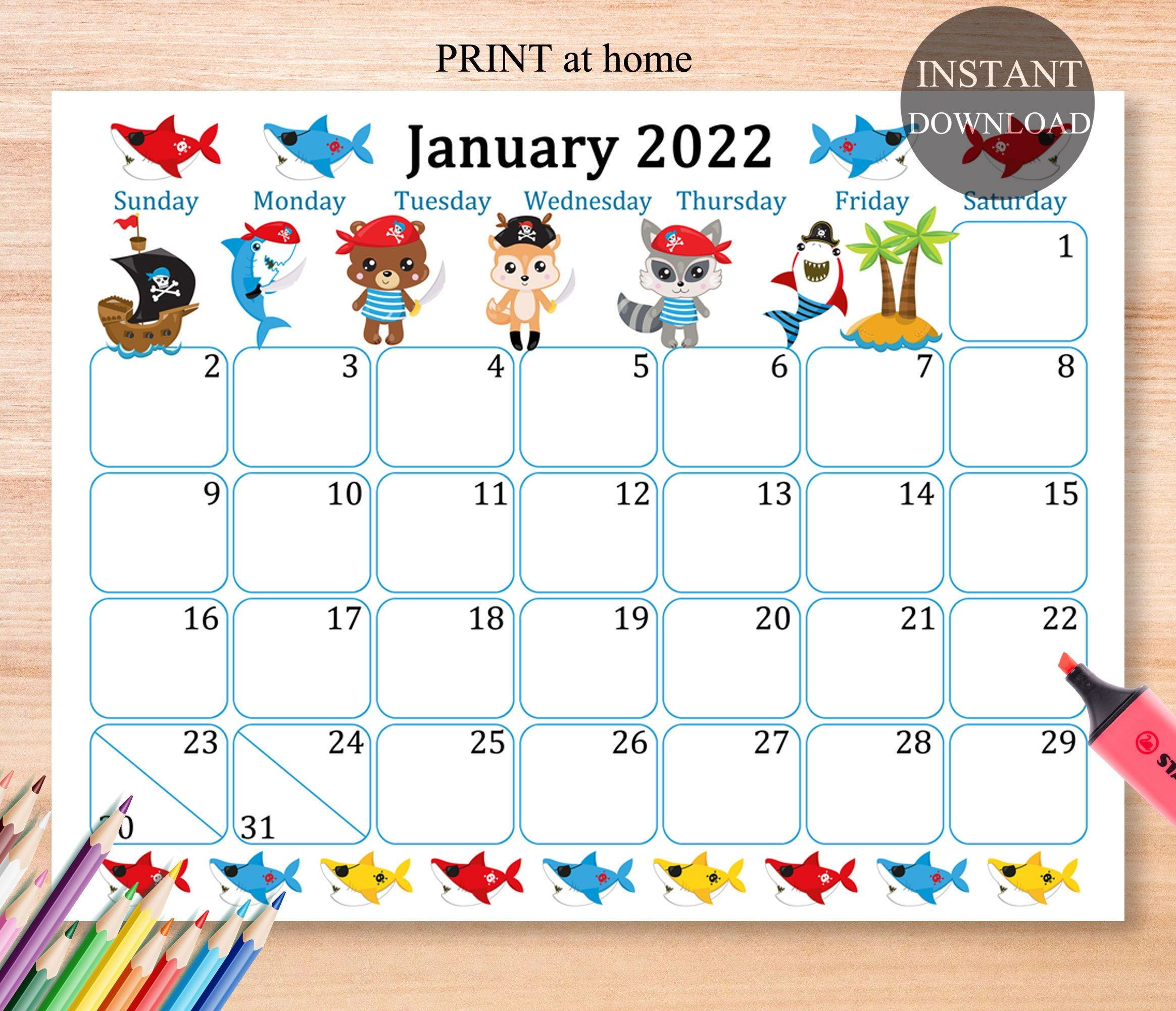 January 2022 Calendar Digital Download Monthly Calendar