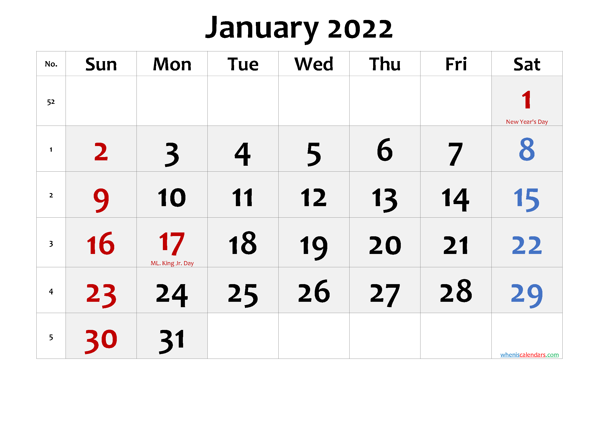 January 2022 Calendar Holidays - January Calendar 2022