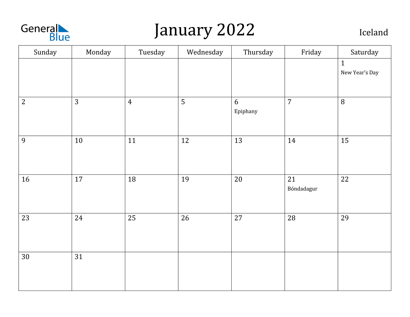 January 2022 Calendar - Iceland
