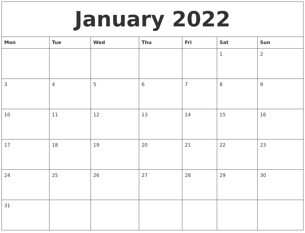 January 2022 Calendar Month