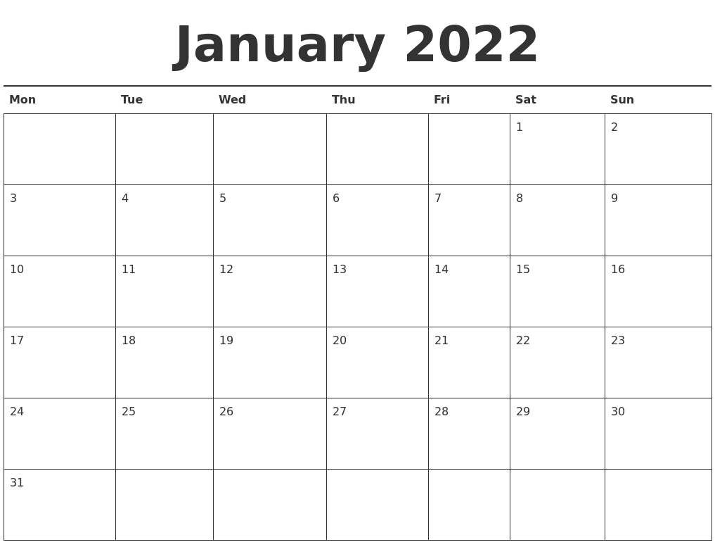 January 2022 Calendar Printable