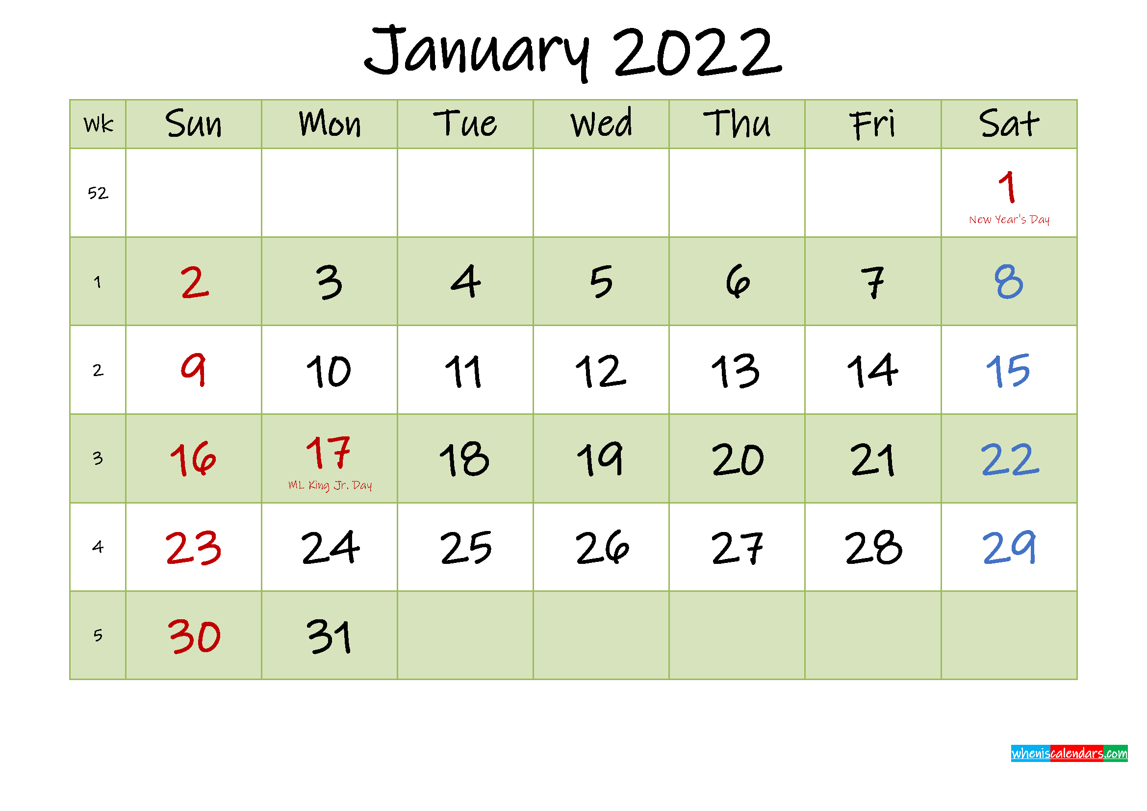 January 2022 Calendar With Holidays Printable - Template