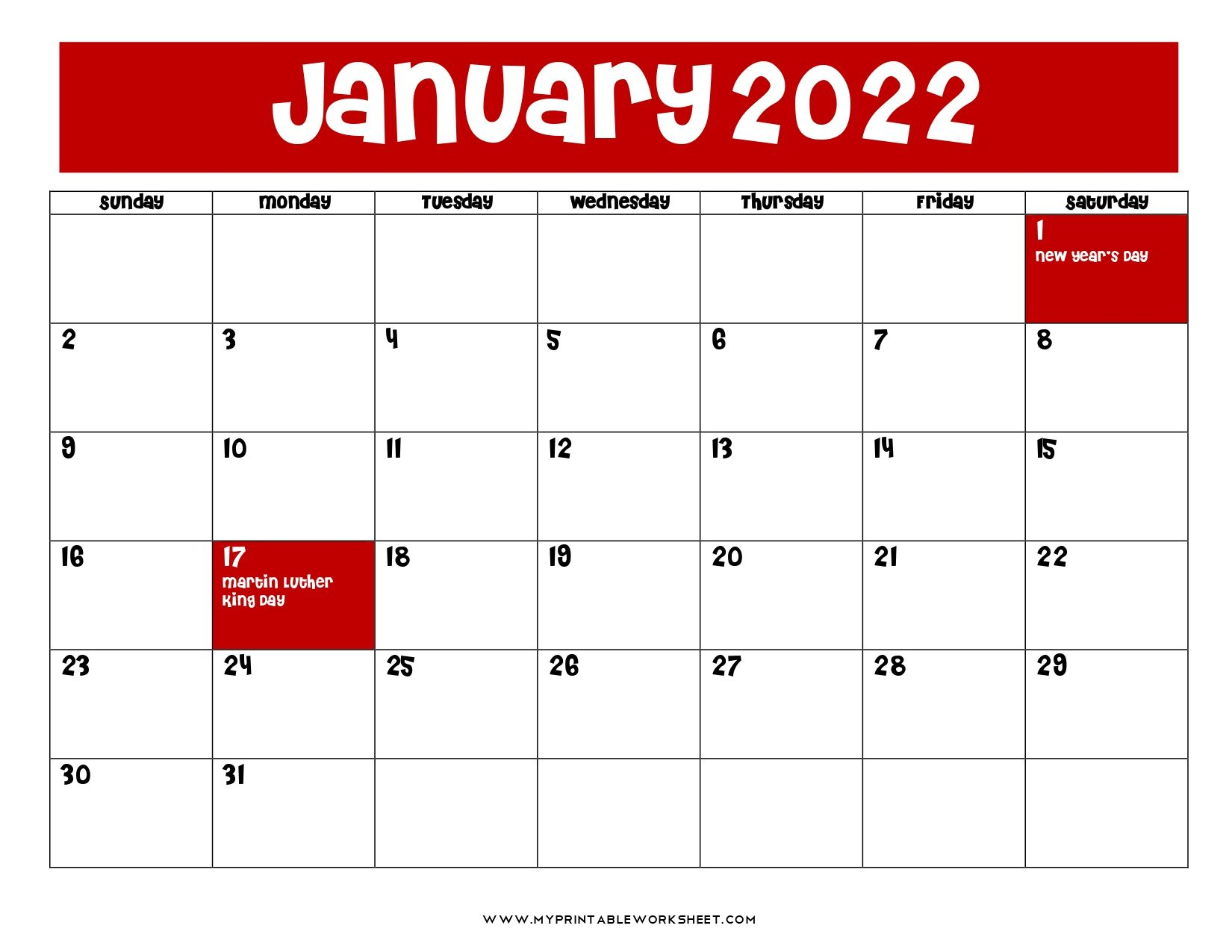 January 2022 Calendar With Holidays