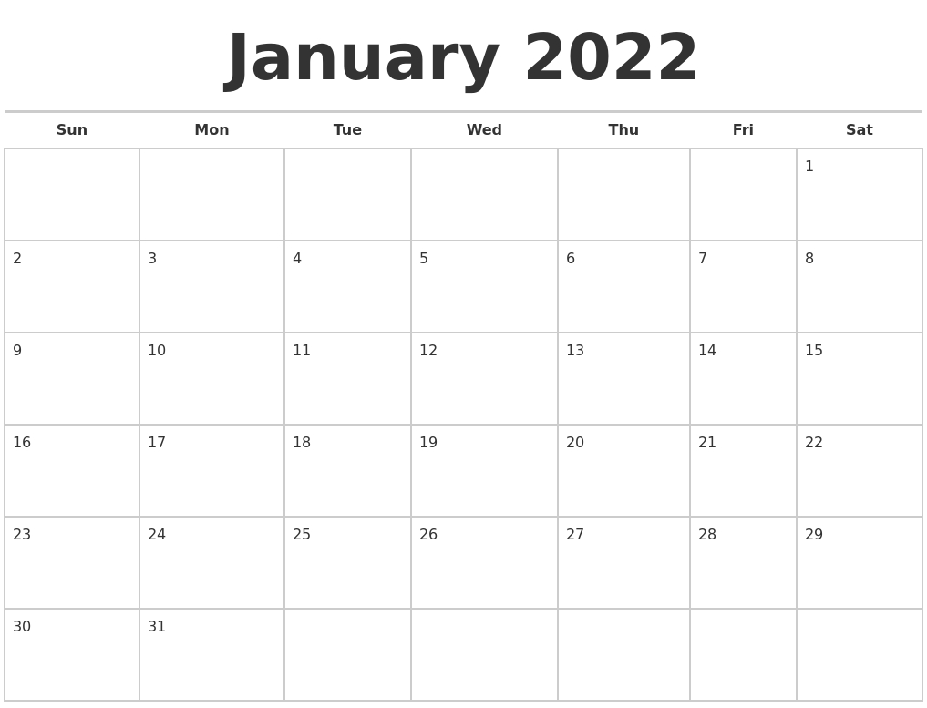 Universal Fillable Calendar 2022 January