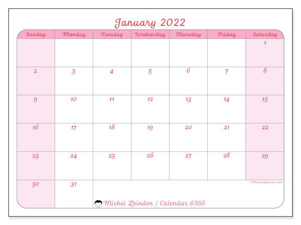 January 2022 Calendars &quot;Sunday - Saturday&quot; - Michel Zbinden En