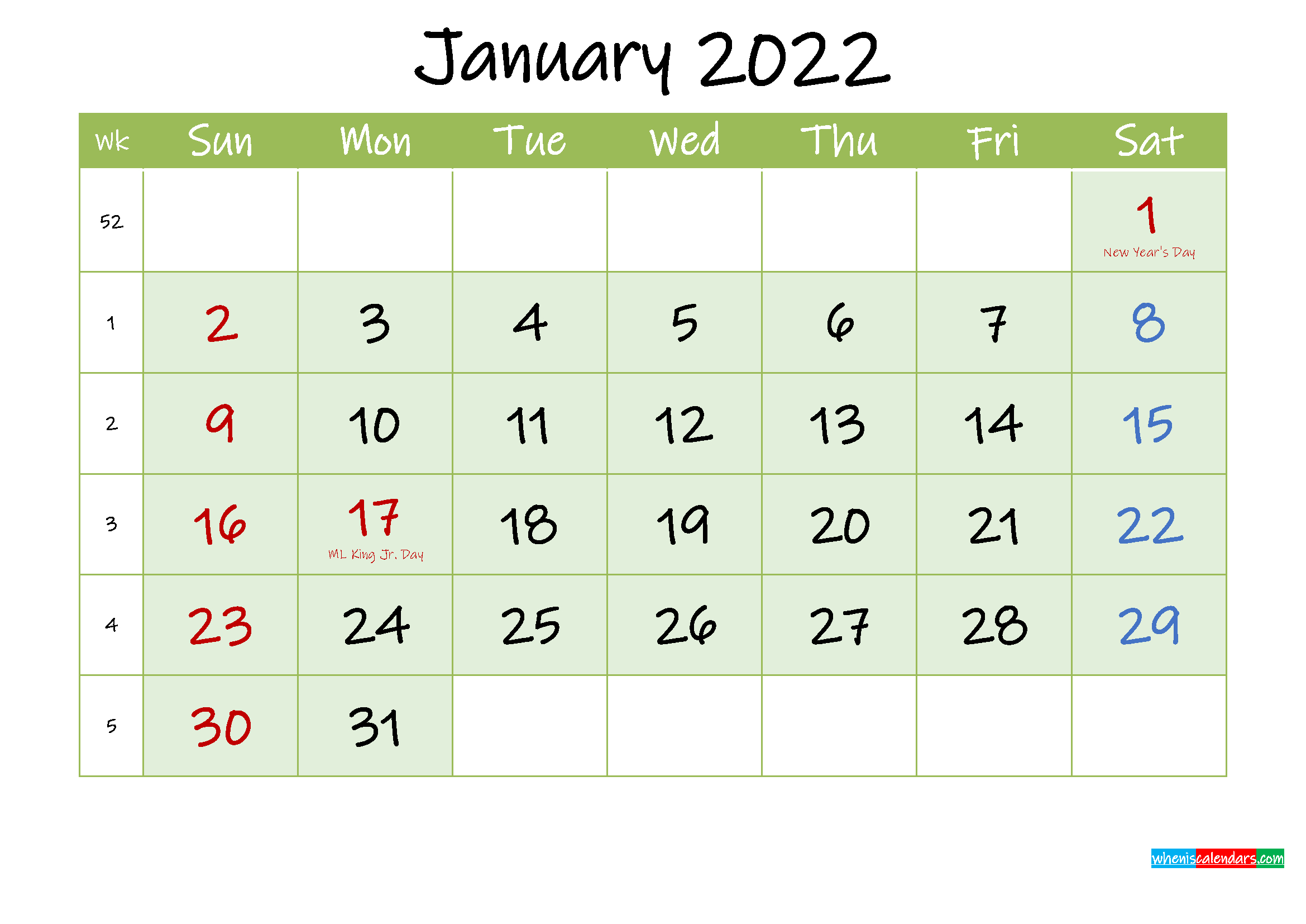 January 2022 Free Printable Calendar - Template Ink22M121