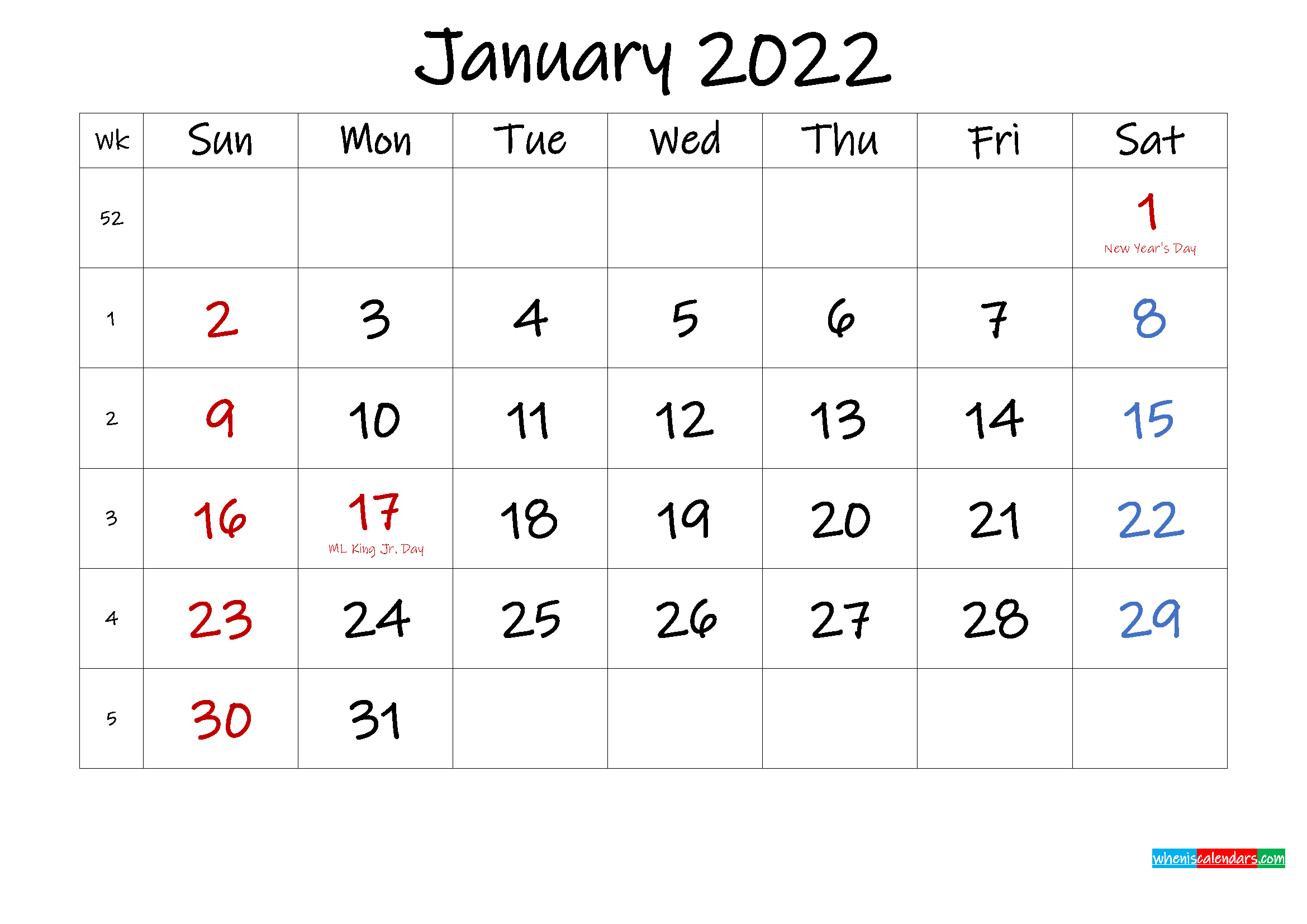January 2022 Free Printable Calendar With Holidays