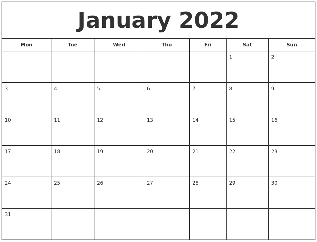 January 2022 Print Free Calendar