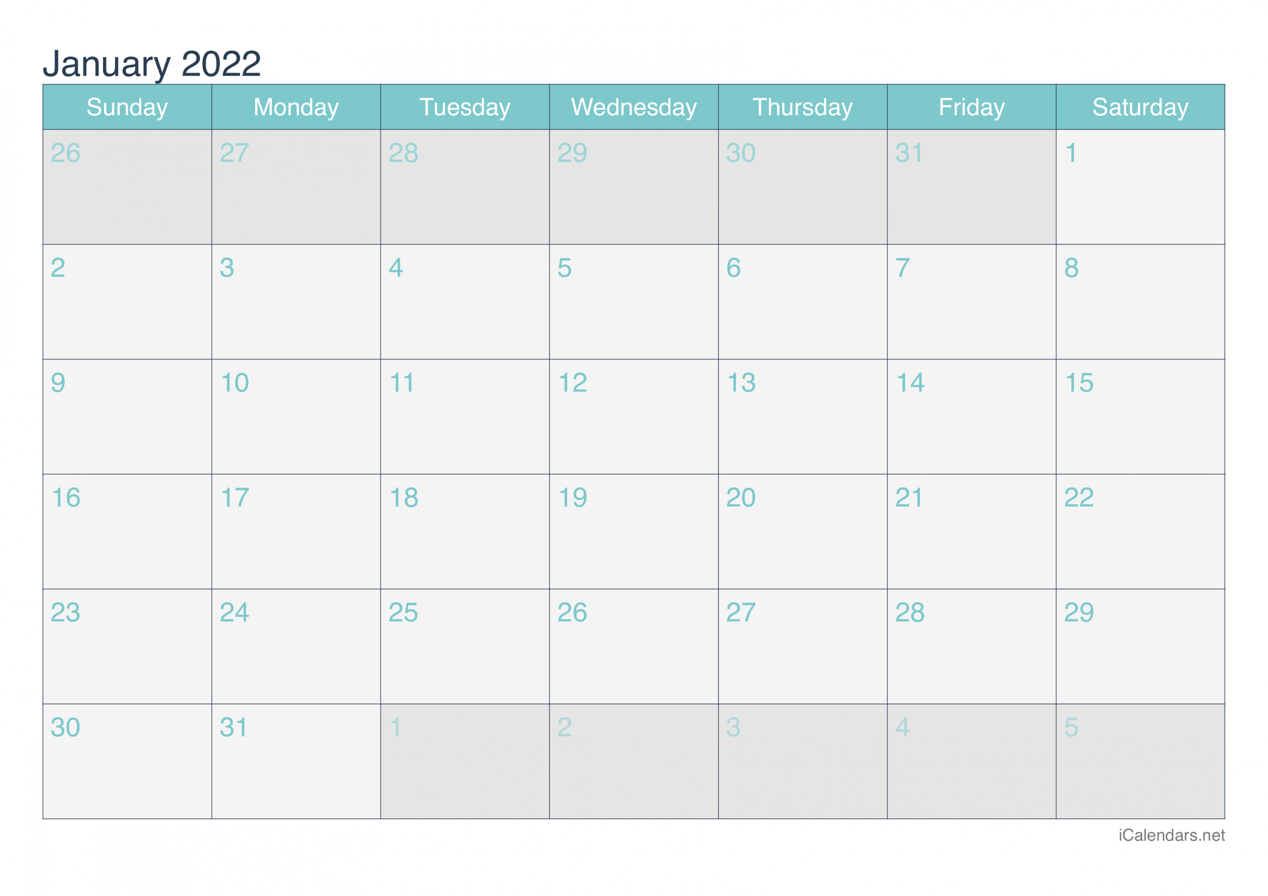 January 2022 Printable Calendar - Icalendars