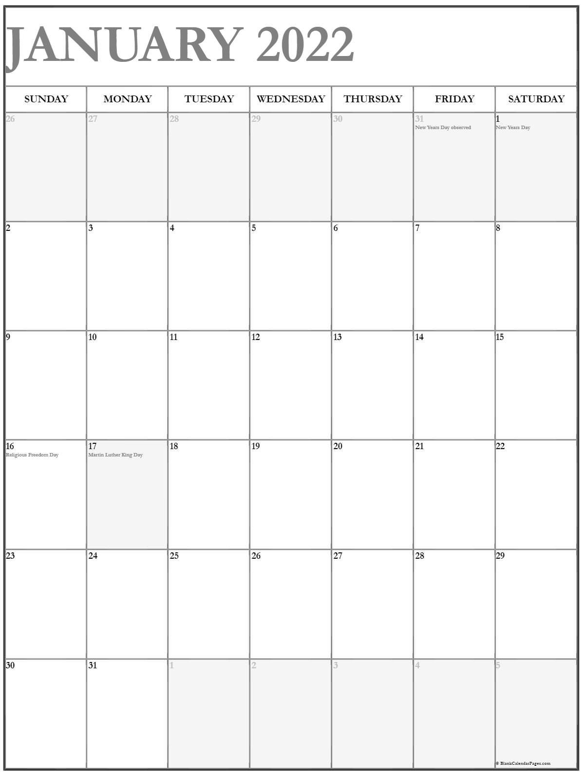 January 2022 Vertical Calendar | Portrait