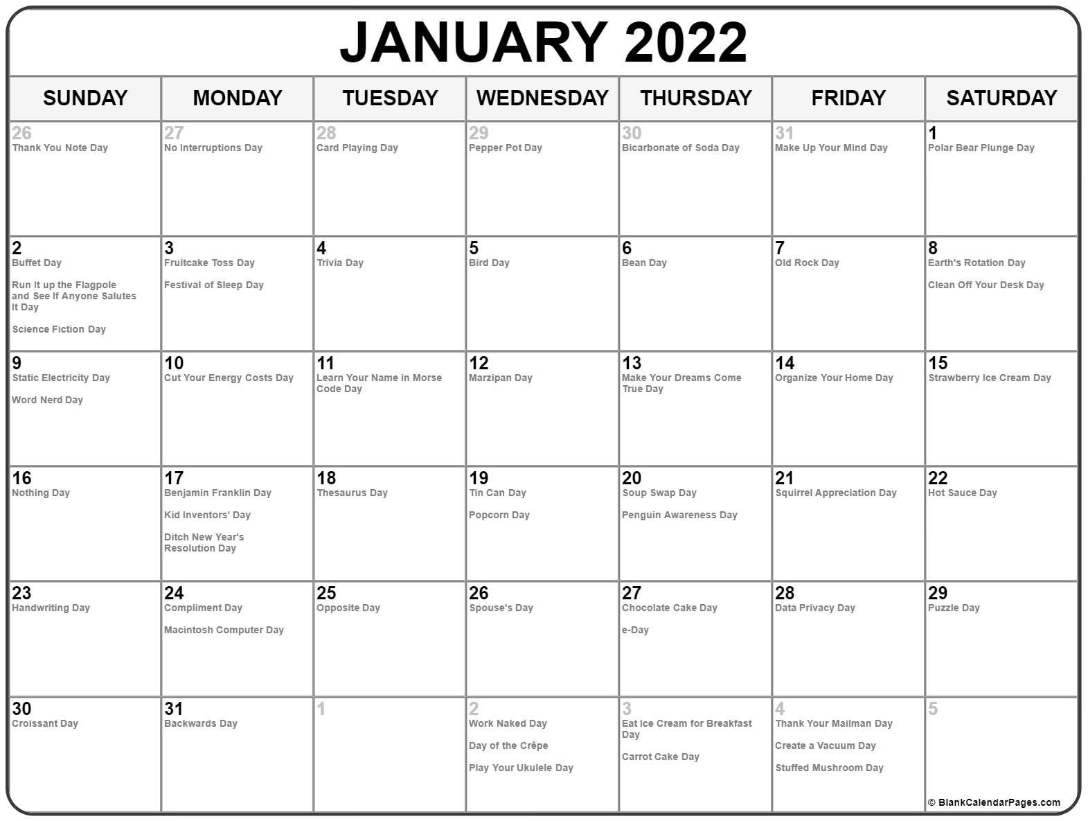 January 2022 With Holidays Calendar