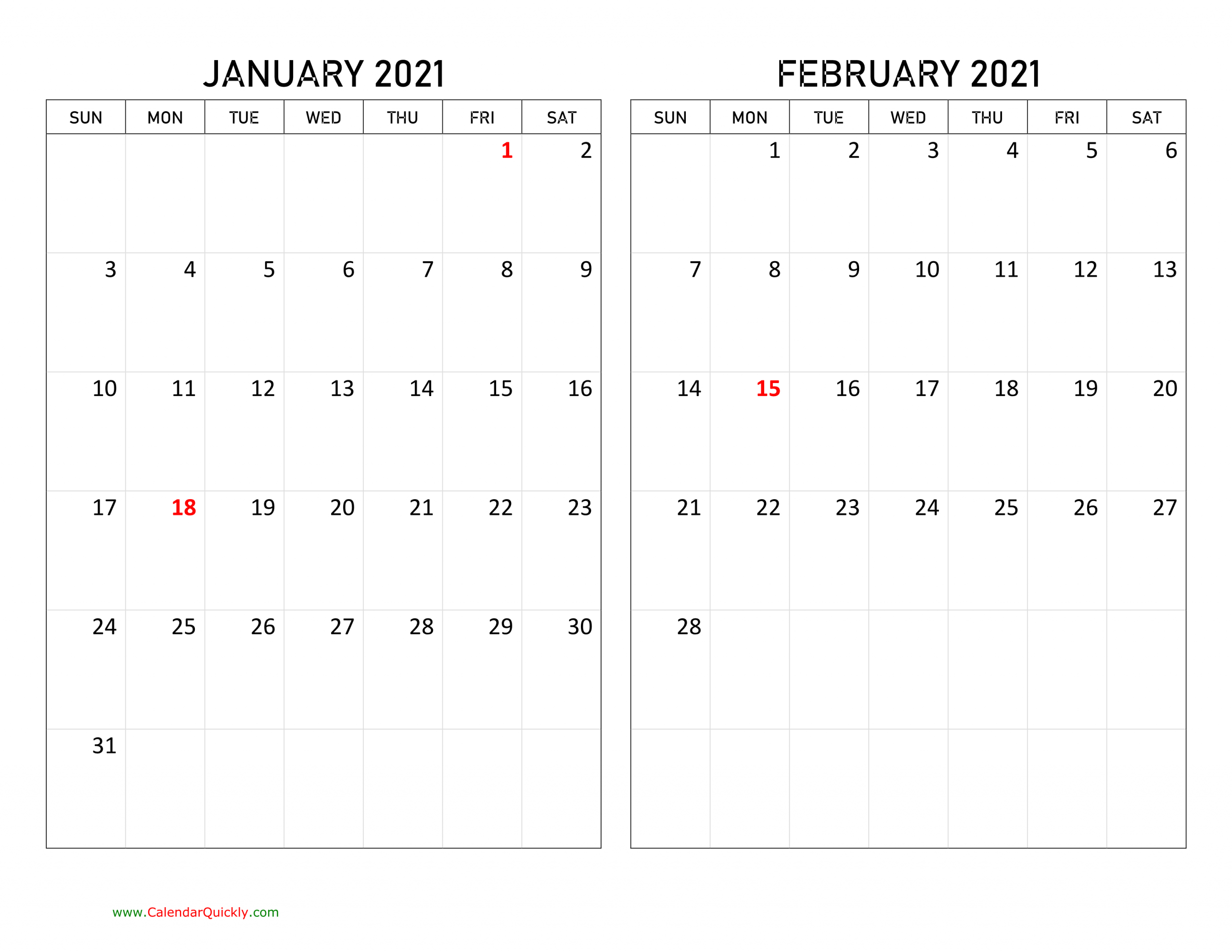January And February 2021 Calendar | Calendar Quickly