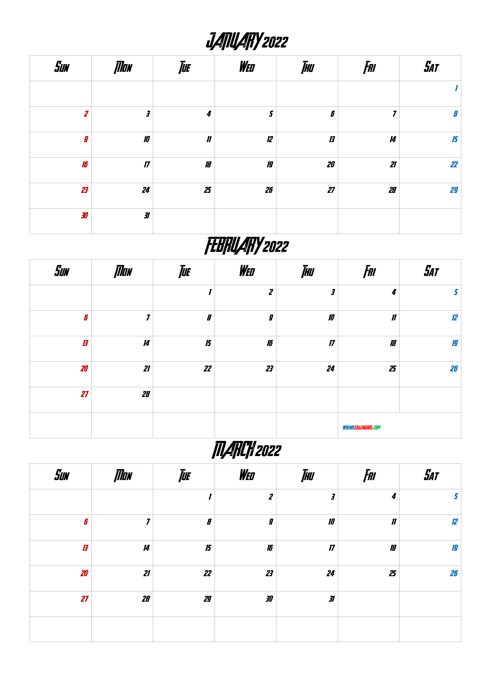 January And February 2022 Calendar : 3 Month Printable