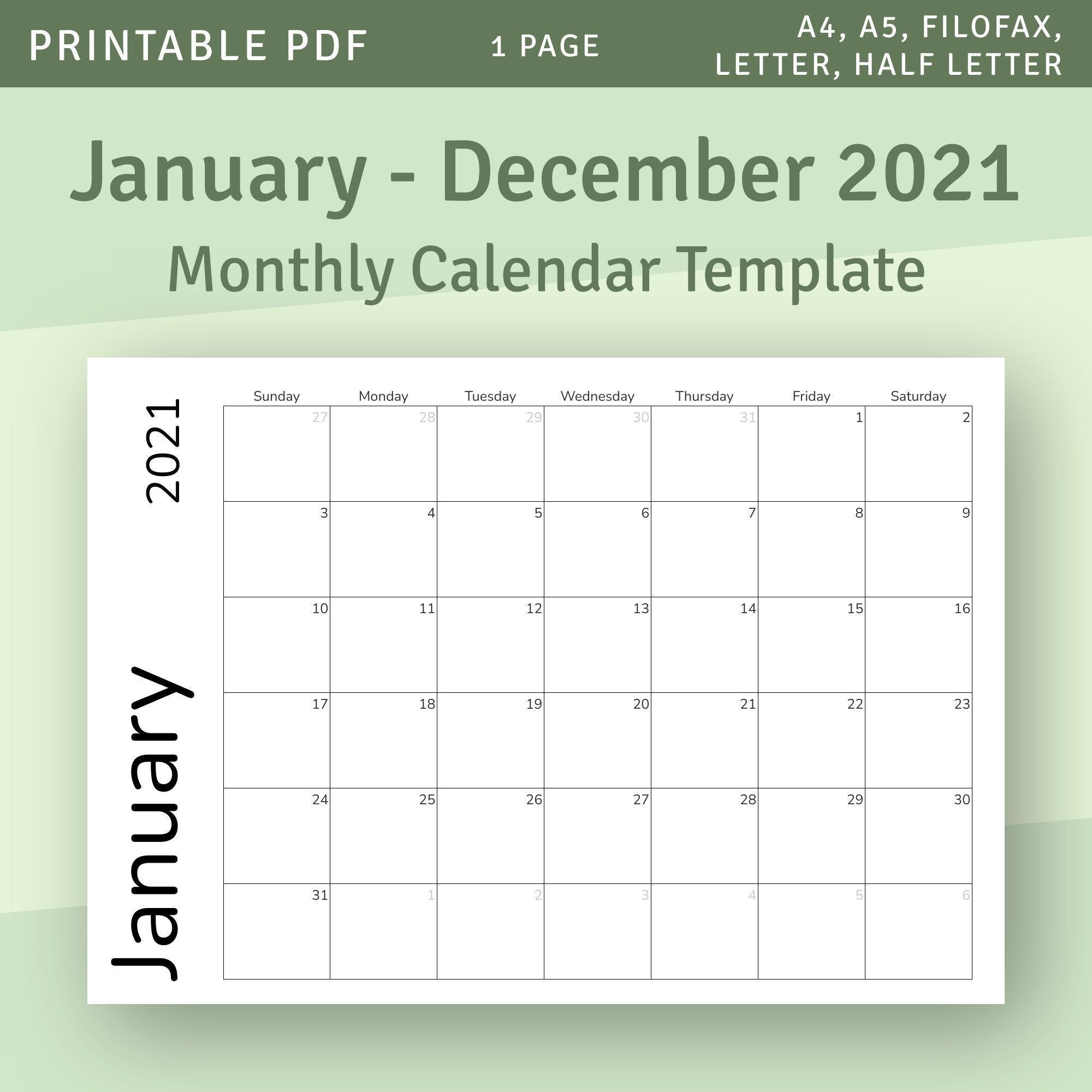 January December 2021 &amp; 2022 Horizontal Monthly Calendar