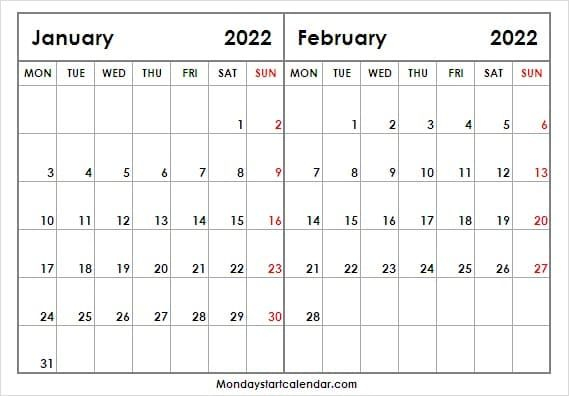 January February 2022 Calendar A4 - Jan 2022 Printable