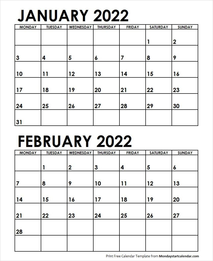 January February 2022 Calendar Monday Start Two Months