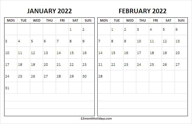January February 2022 Calendar Printable Blank | 2022