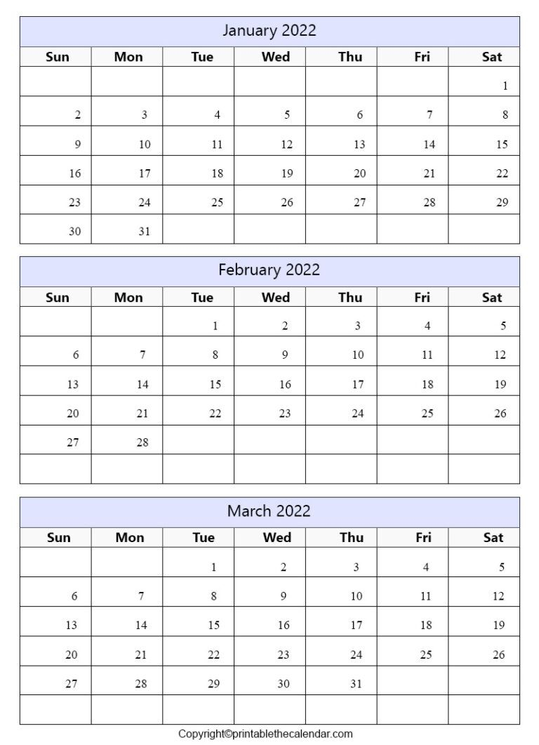 January February March 2022 Calendar [Free Printable Template]
