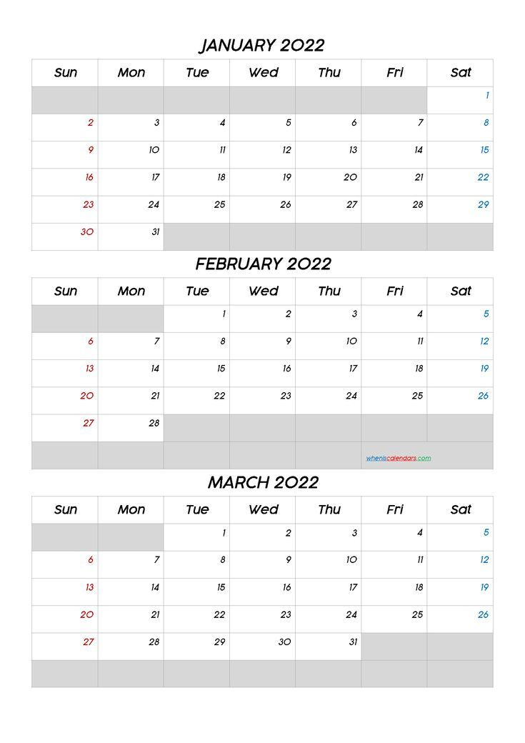 January February March 2022 Calendar Printable [Q1-Q2-Q3