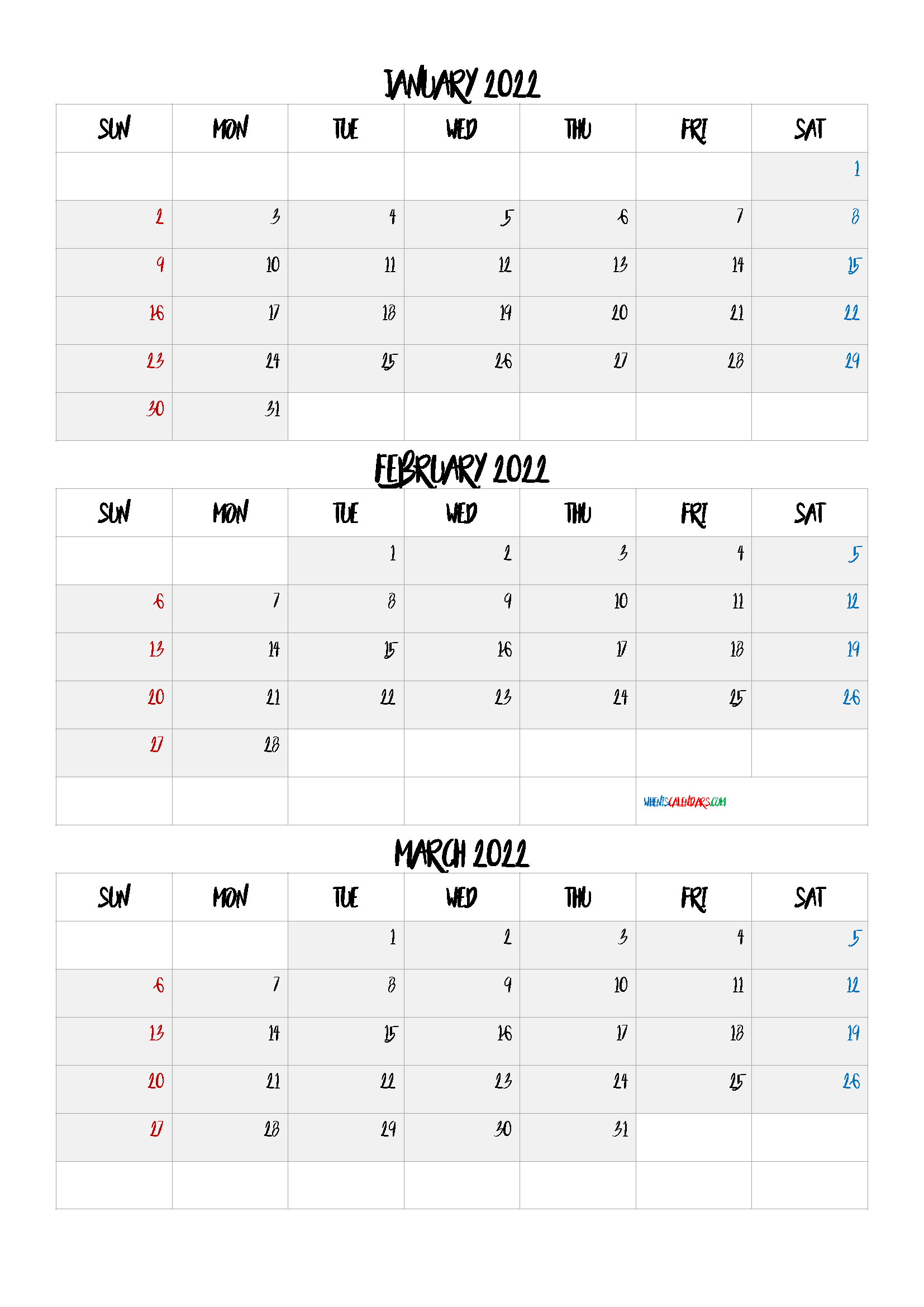 January February March 2022 Printable Calendar [Q1-Q2-Q3