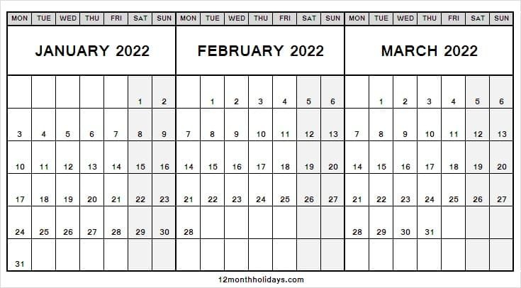 January-March 2022 Calendar Printable - Calendar 2022