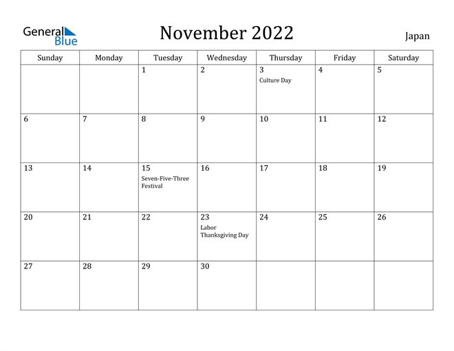 Japan November 2022 Calendar With Holidays