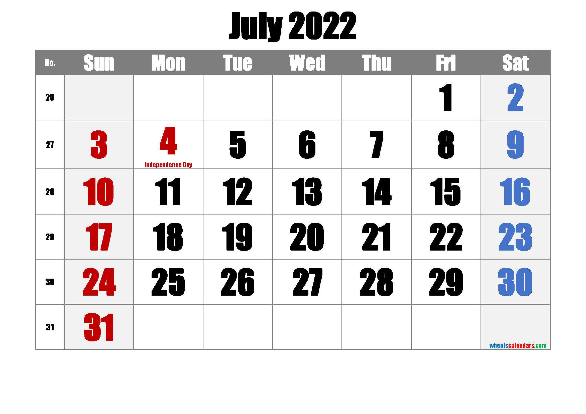 July 2022 Printable Calendar With Holidays | Free