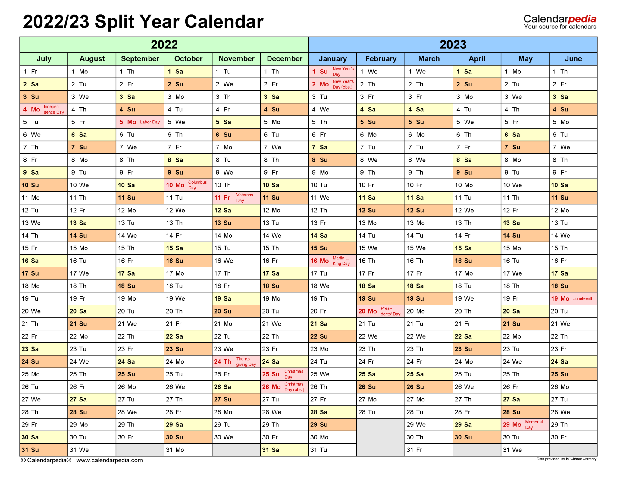 July 2022 To June 2023 Calendar - Blank Calendar Printable