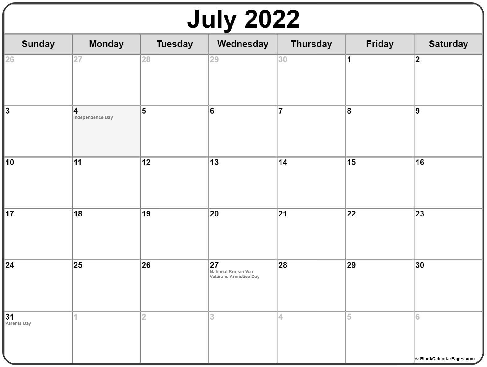 July 2022 With Holidays Calendar