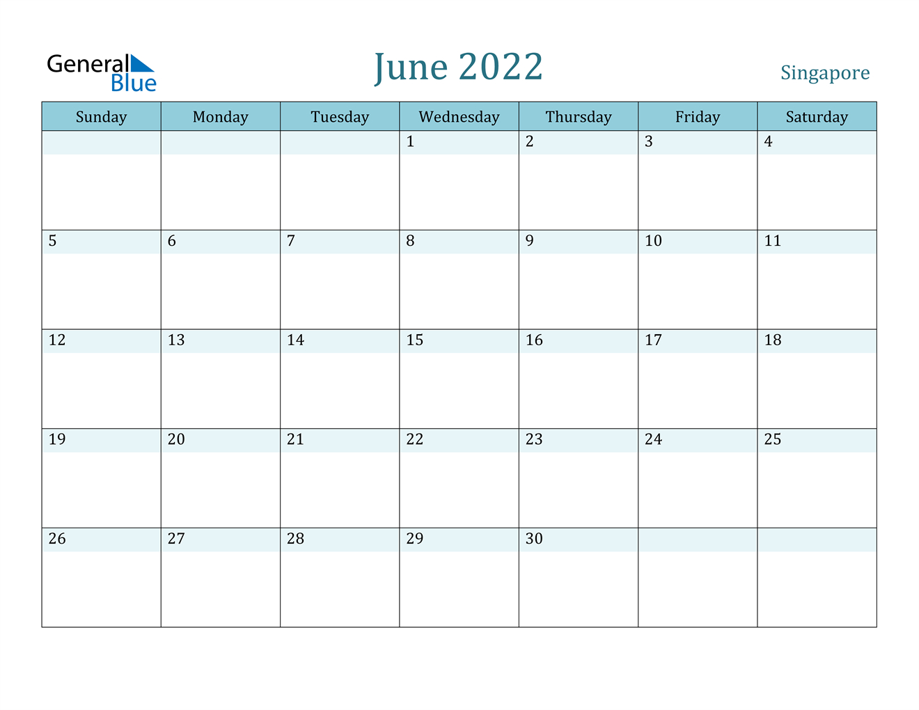 June 2022 Calendar - Singapore