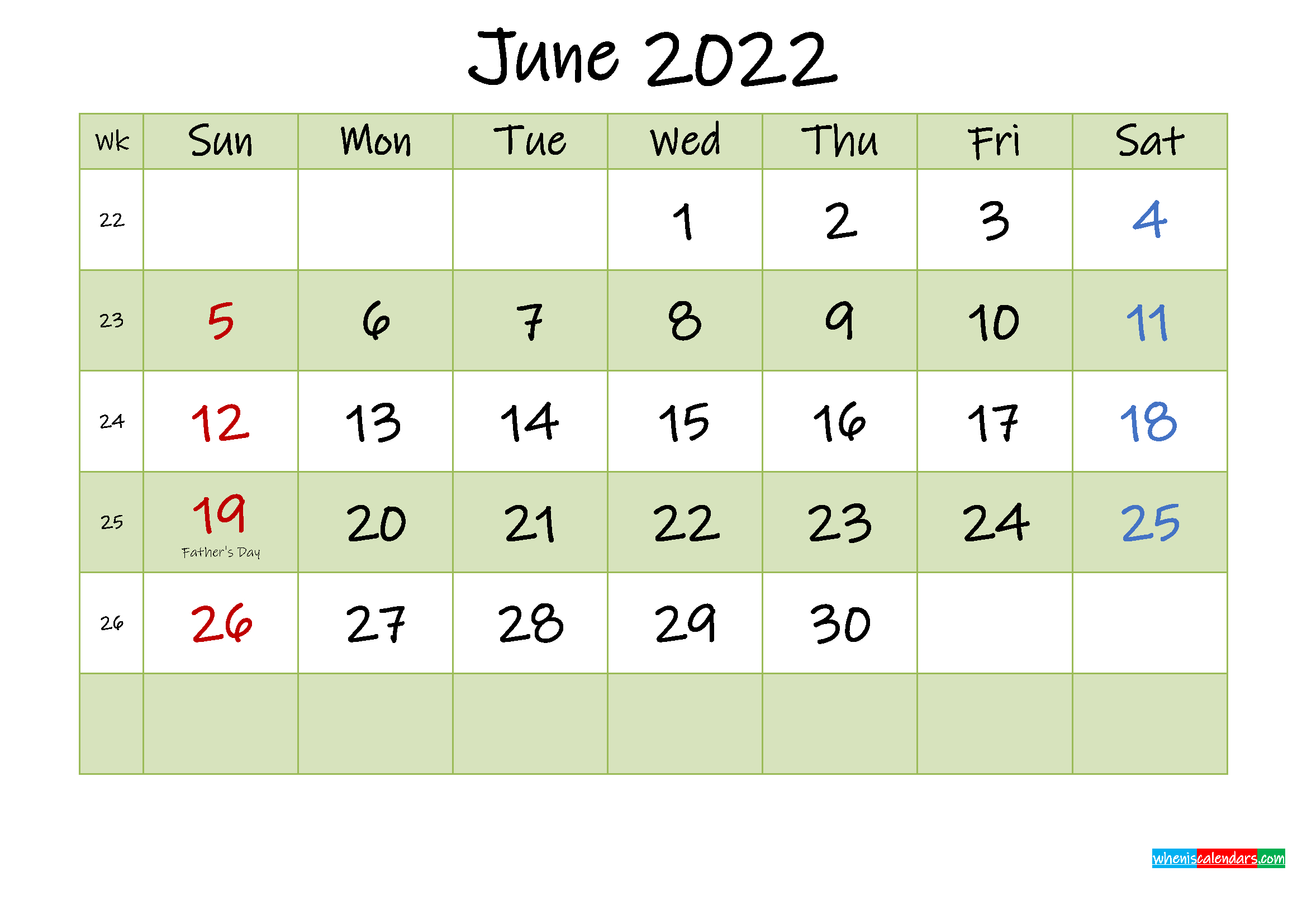 June 2022 Calendar With Holidays Printable - Template No