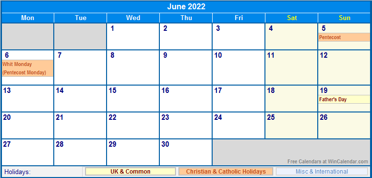 June 2022 Uk Calendar With Holidays For Printing (Image