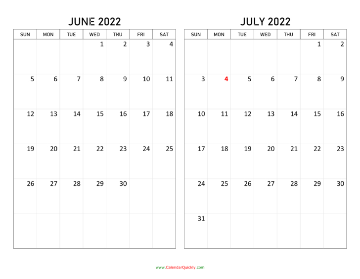 June July 2022 Calendar Printable - Printable Monthly