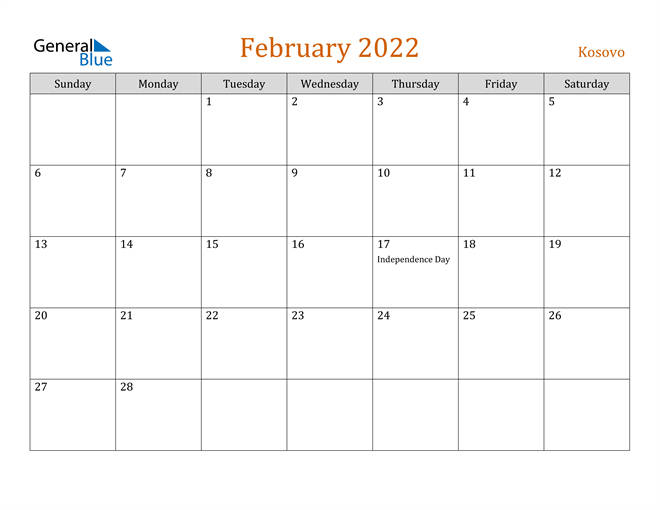 Kosovo February 2022 Calendar With Holidays