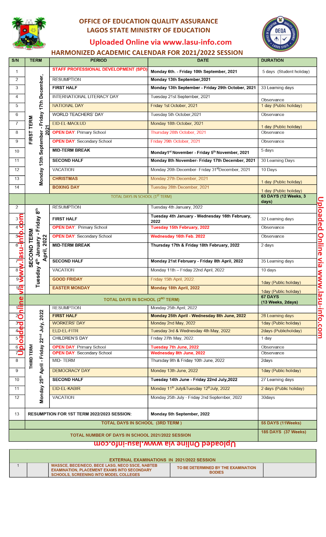 Lagos State Schools Calendar 2021/2022 [Official Version]